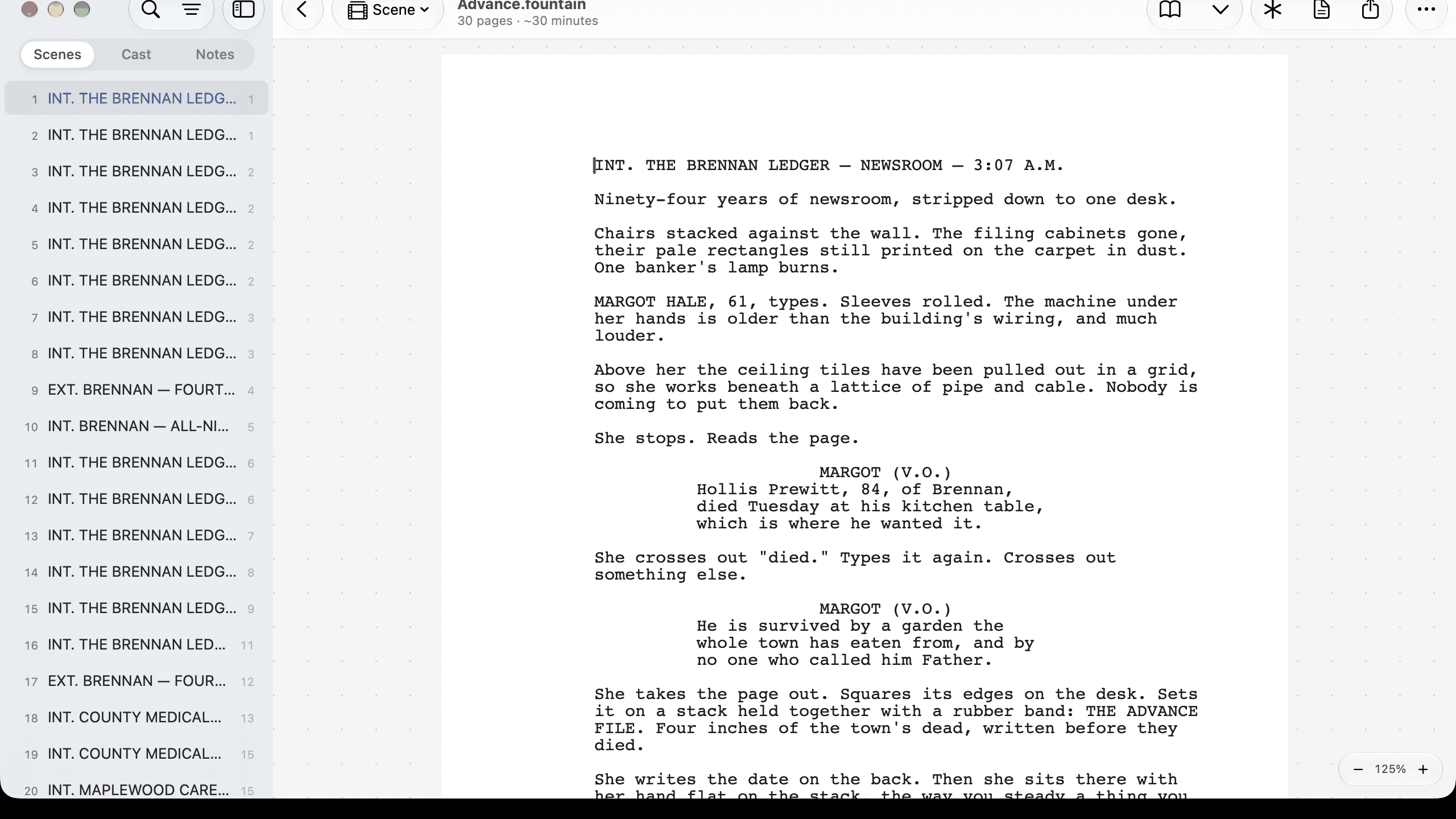 The eDraft editor for Mac in light appearance, showing the Advance sample screenplay and the scene navigator.
